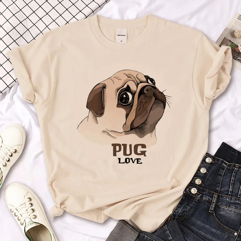 Pug Anime T-Shirt for Women Japanese Style Summer Streetwear Basic Tee