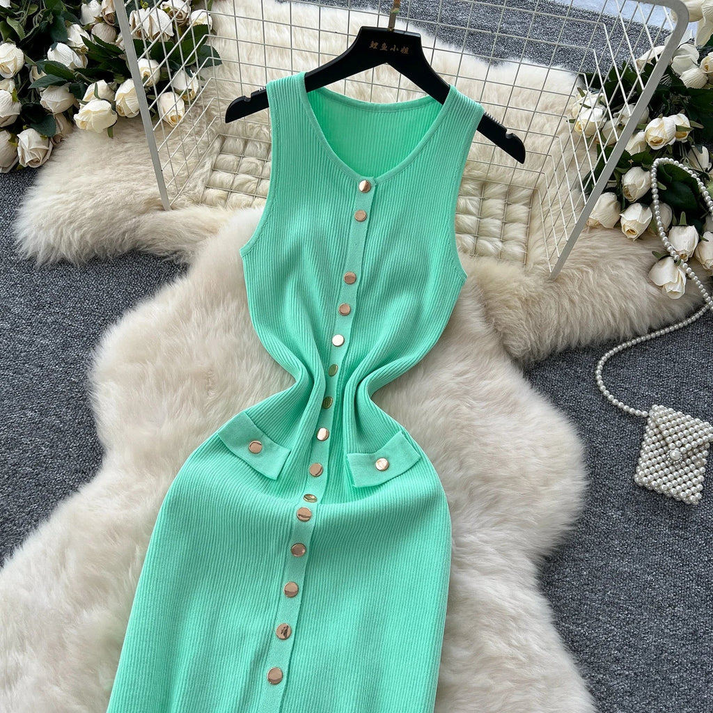 Elegant Solid Knitted O Neck Sleeveless Midi Dress Buttons