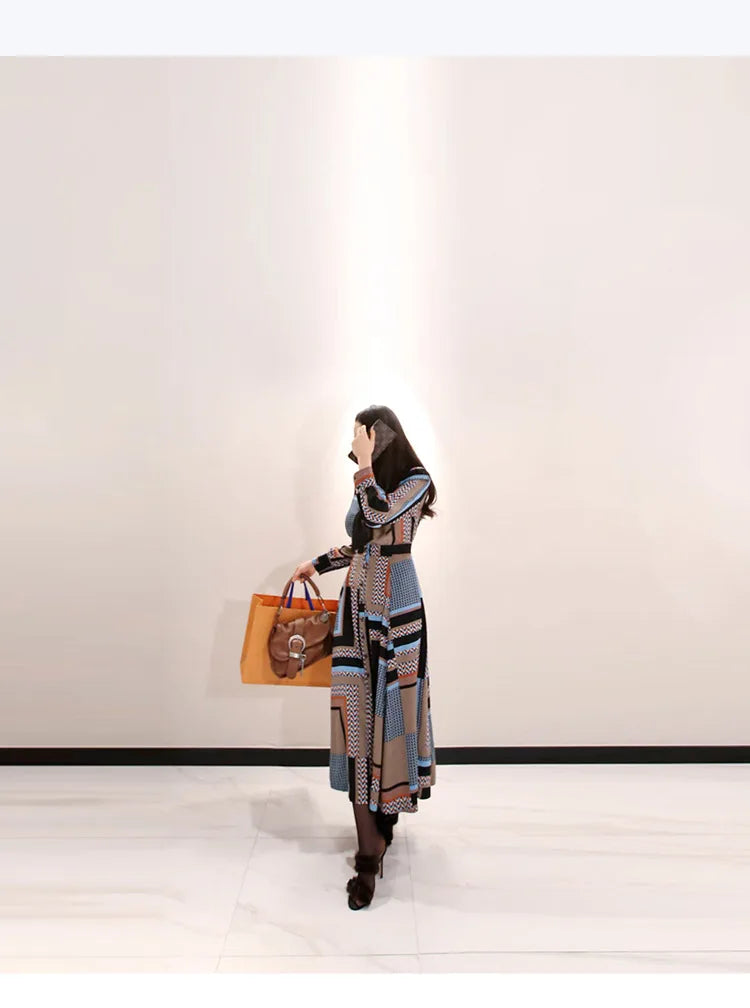 Vintage Print Long Shirt Dress For Women Ankle Length