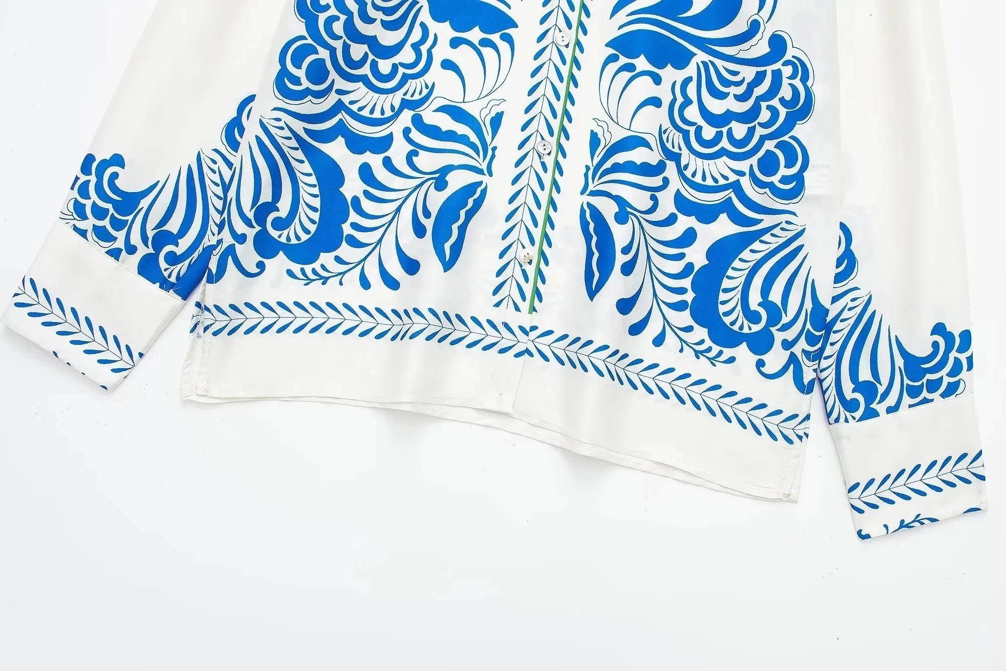 Women's Vintage Printed Casual Set with Long Sleeve Blouse and Straight Leg Pants