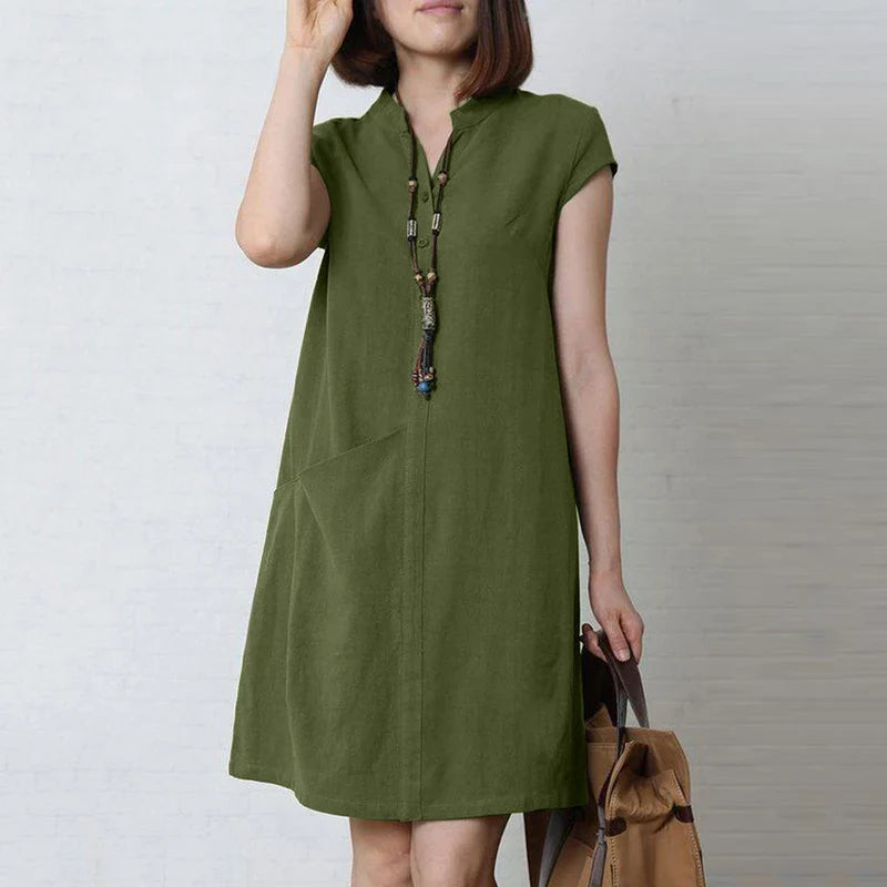 Cotton Summer Dress V Neck Short Sleeve Knee Length