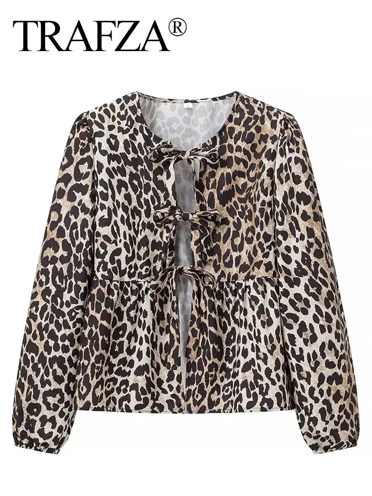 Women's Leopard Print Lace-Up Vintage Blouse Casual Loose Fit Y2K Chic Shirt