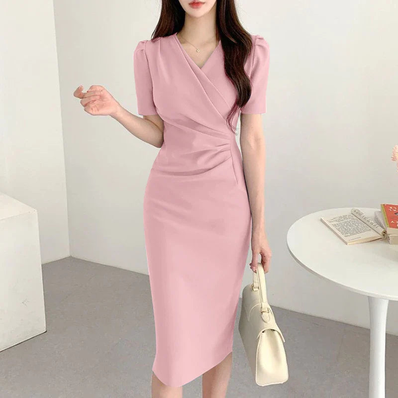 Elegant Women Office Dress V Neck Solid Color Short Sleeve
