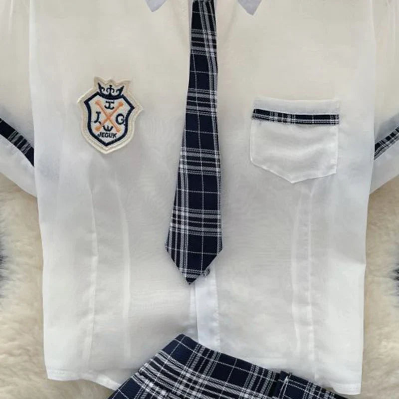 Sexy Preppy Style JK Set for Women Polo Neck See-Through Crop Top Plaid Pleated Short Skirt Student Cosplay Outfit