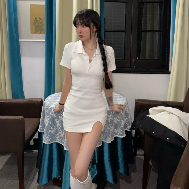 Women Summer Dress Short Sleeve Mini Turn Down Collar