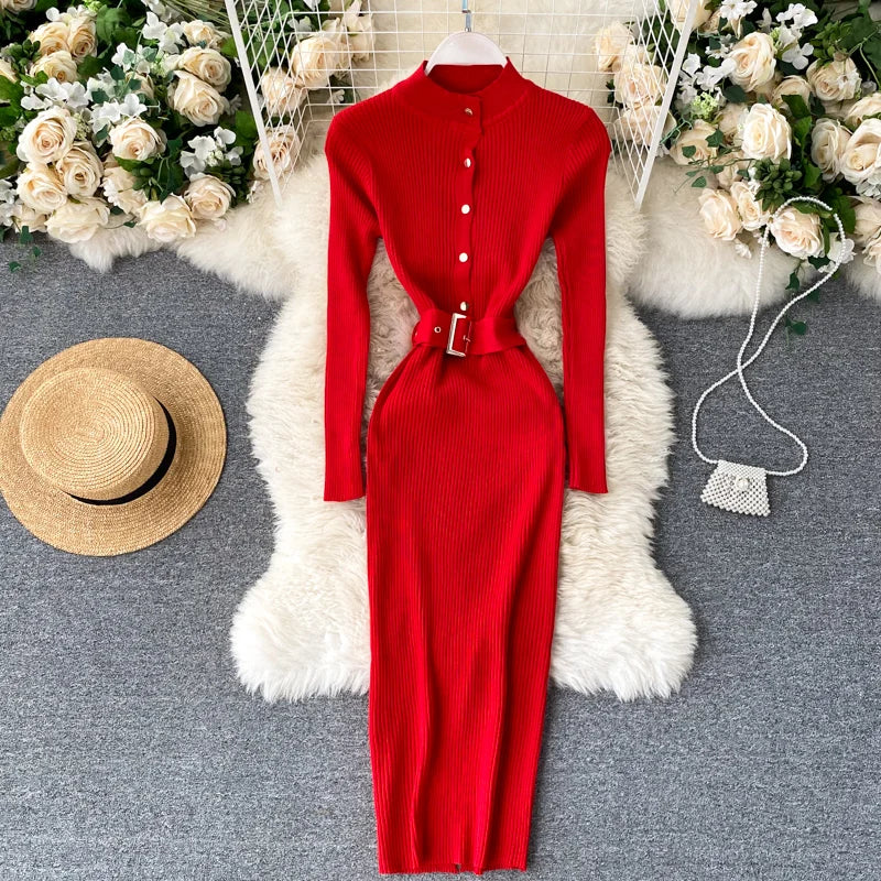 Womens Winter Knitted Dress Stand Collar With Sash Belt