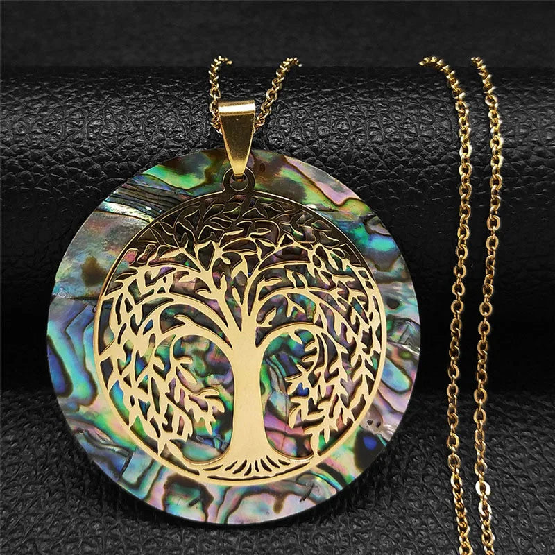 Tree of Life Abalone Shell Necklace Gold Color Stainless Steel Boho Jewelry for Weddings and Special Occasions