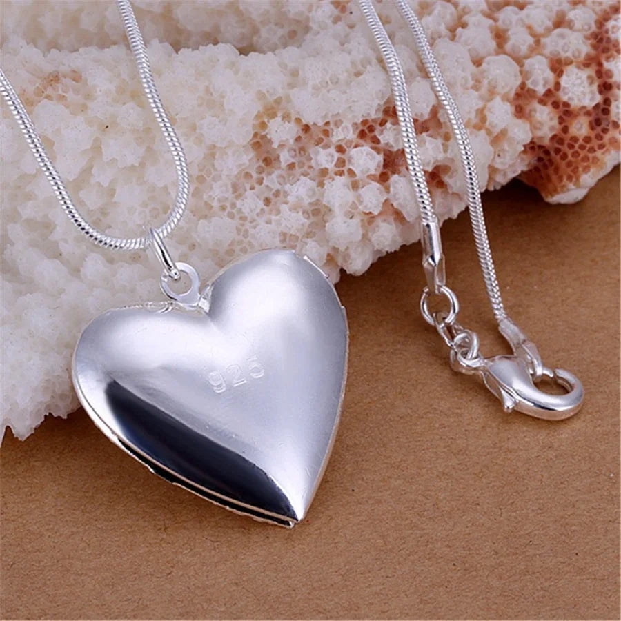 925 Sterling Silver Photo Frame Pendant Necklace with Snake Chain for Women Charm Wedding Jewelry
