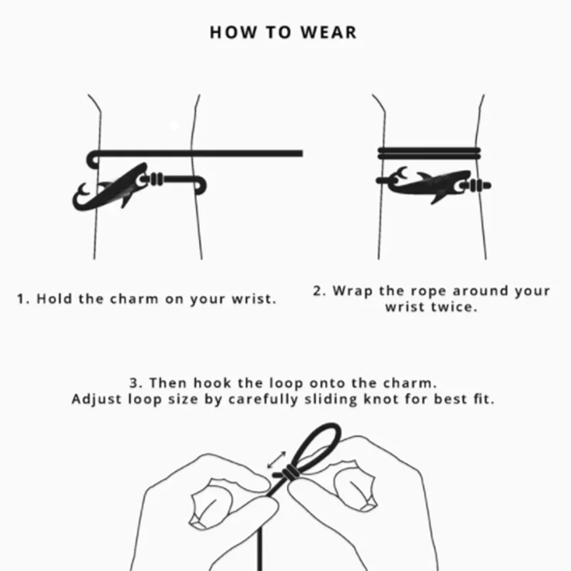 Unisex Double Layer Shark Bracelet Adjustable 3mm Cord Chain Beach Jewelry for Surfers