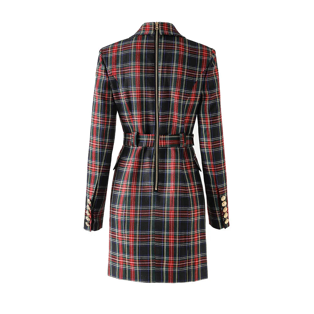 Black Red Plaid Blazer Dress With Belt For Office Women