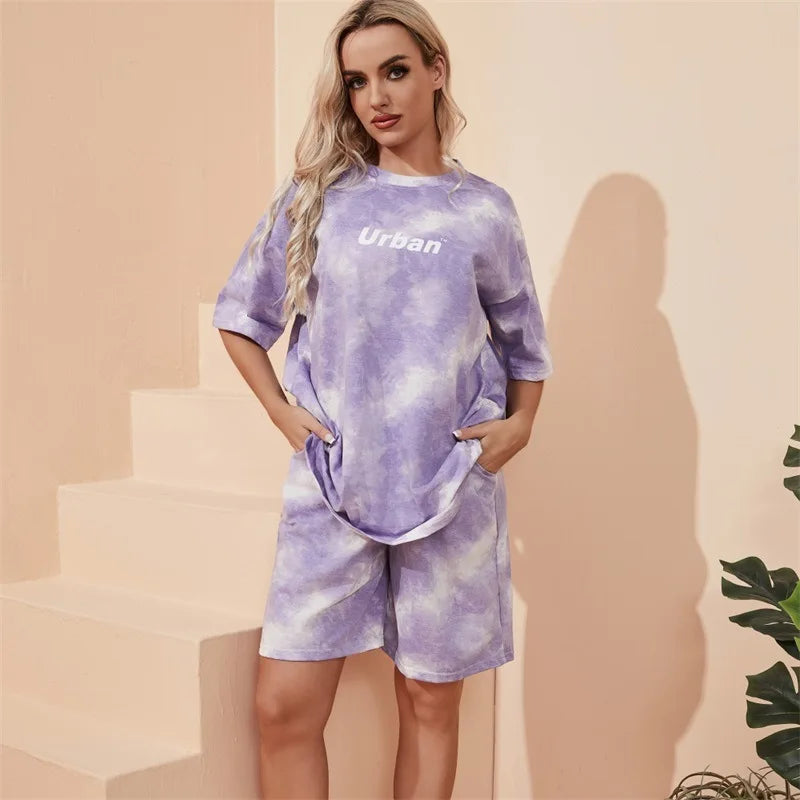 2Piece Women's Tie Dye T-Shirt and Wide Leg Shorts Set Casual Loose Fit Soft Summer Outfit with Pockets