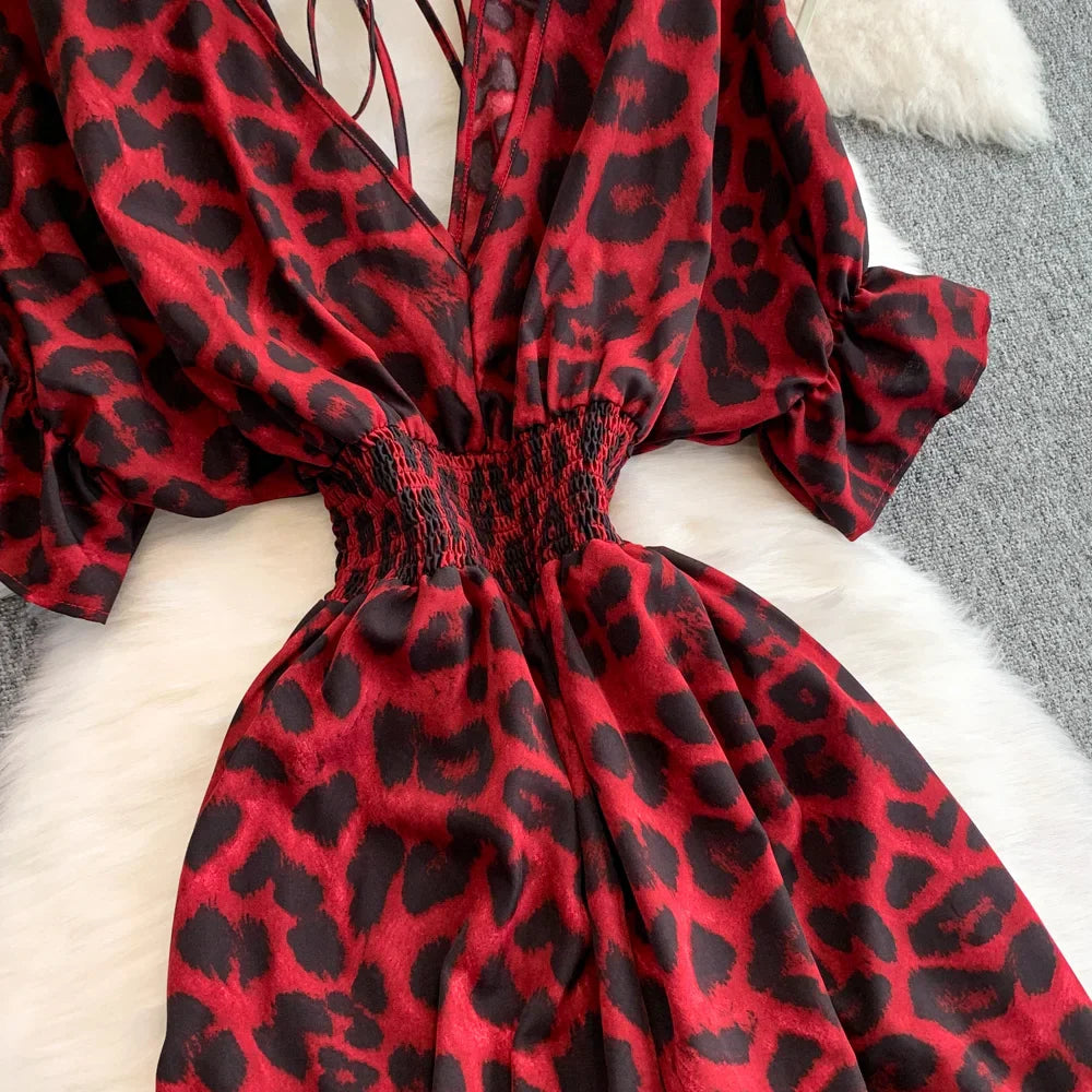 Women's Summer V-Neck Leopard Print Lace-Up Jumpsuit Short Sleeve Loose Fit Playsuit Overalls with Elegant Ruffle Detail