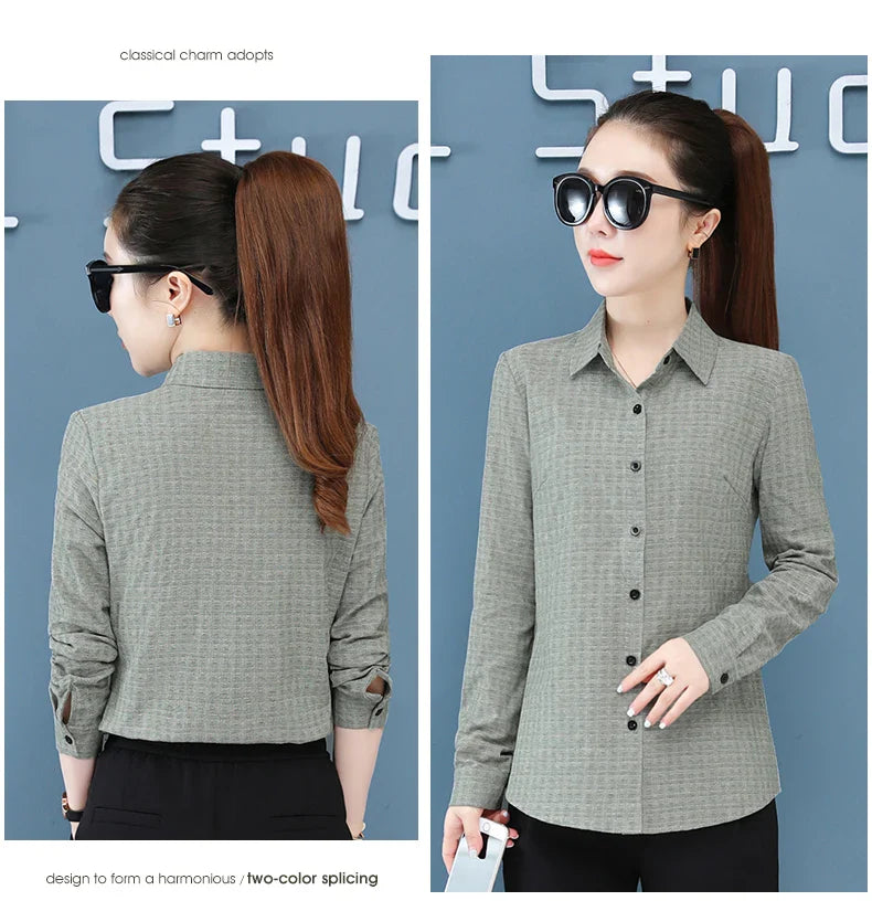 Women's Long Sleeve Slimming Cotton Shirt with Flip Collar Casual Versatile Top for Spring and Autumn Fashion