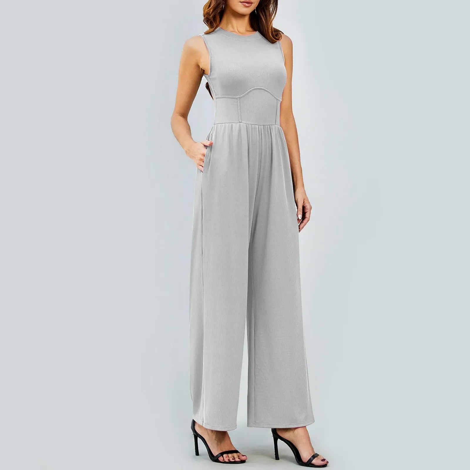 Women Sleeveless High Neck Ribbed Tank Top Jumpsuit Wide Leg Pants Romper with Tummy Control and High Waist Casual Summer Outfit