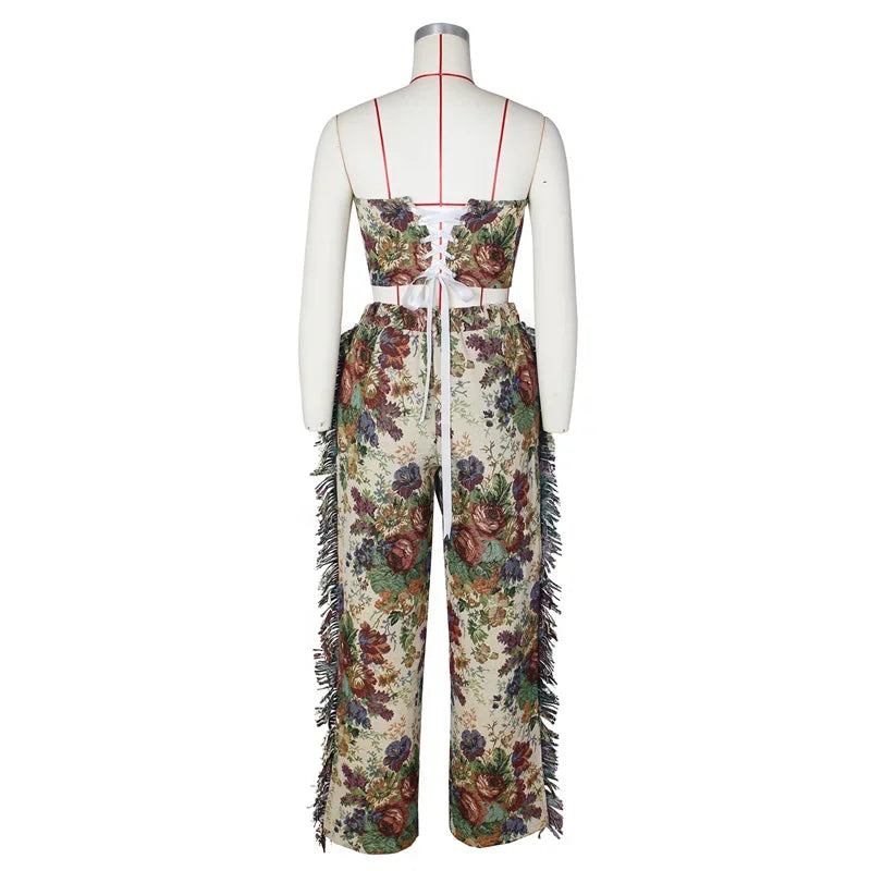 Floral Print Two Piece Set for Women with Strapless Crop Top and Side Tassel Wide Leg Pants for Y2K Birthday Parties