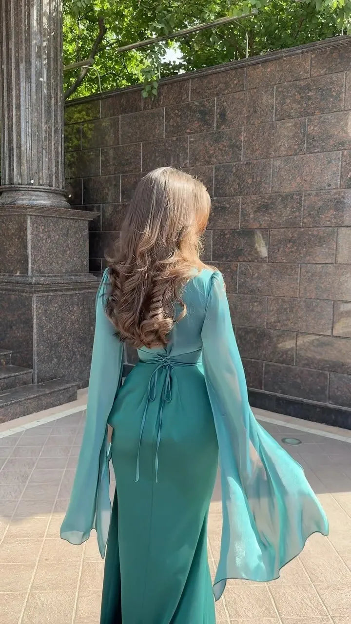Summer Satin Long Sleeve Evening Gown Dress Slim Fit