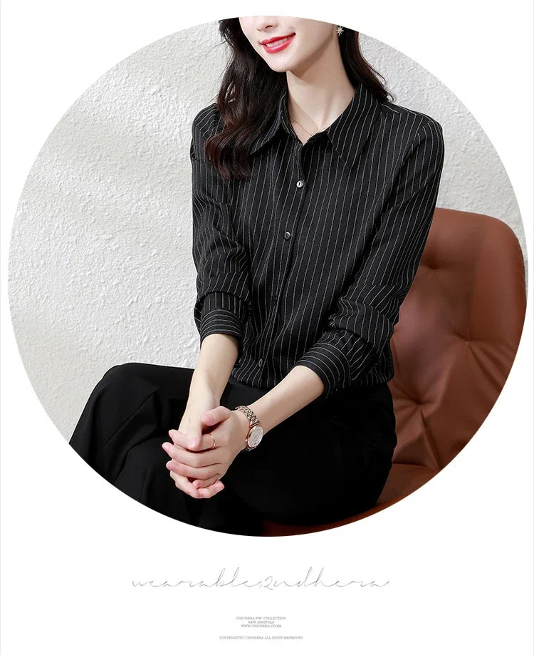 Striped Long Sleeve Women Shirt Button Up Blouse Lightweight Chiffon Tops Elegant Casual Office Wear
