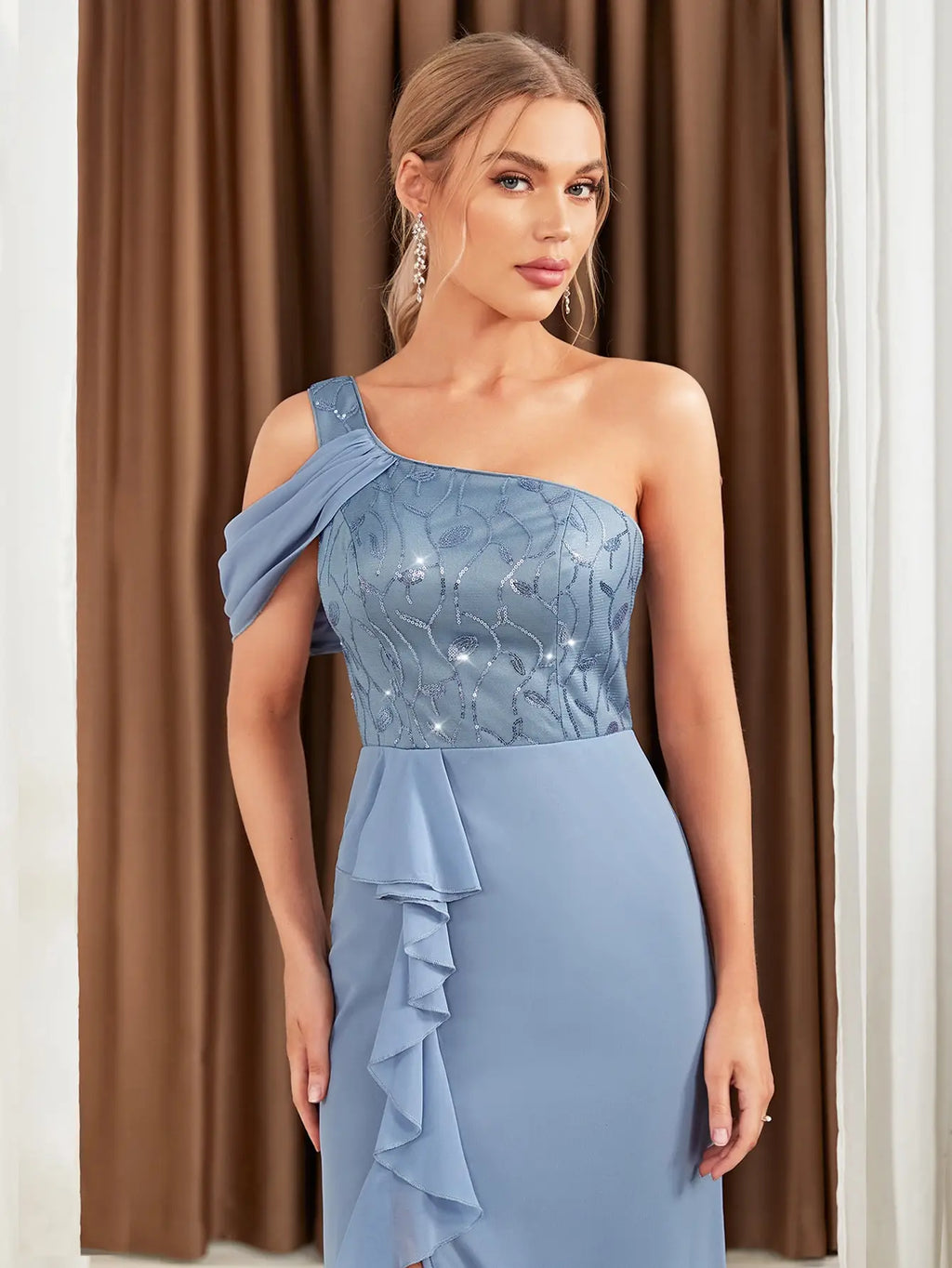 One Shoulder Lace Sequin Evening Dress For Party Bridesmaid