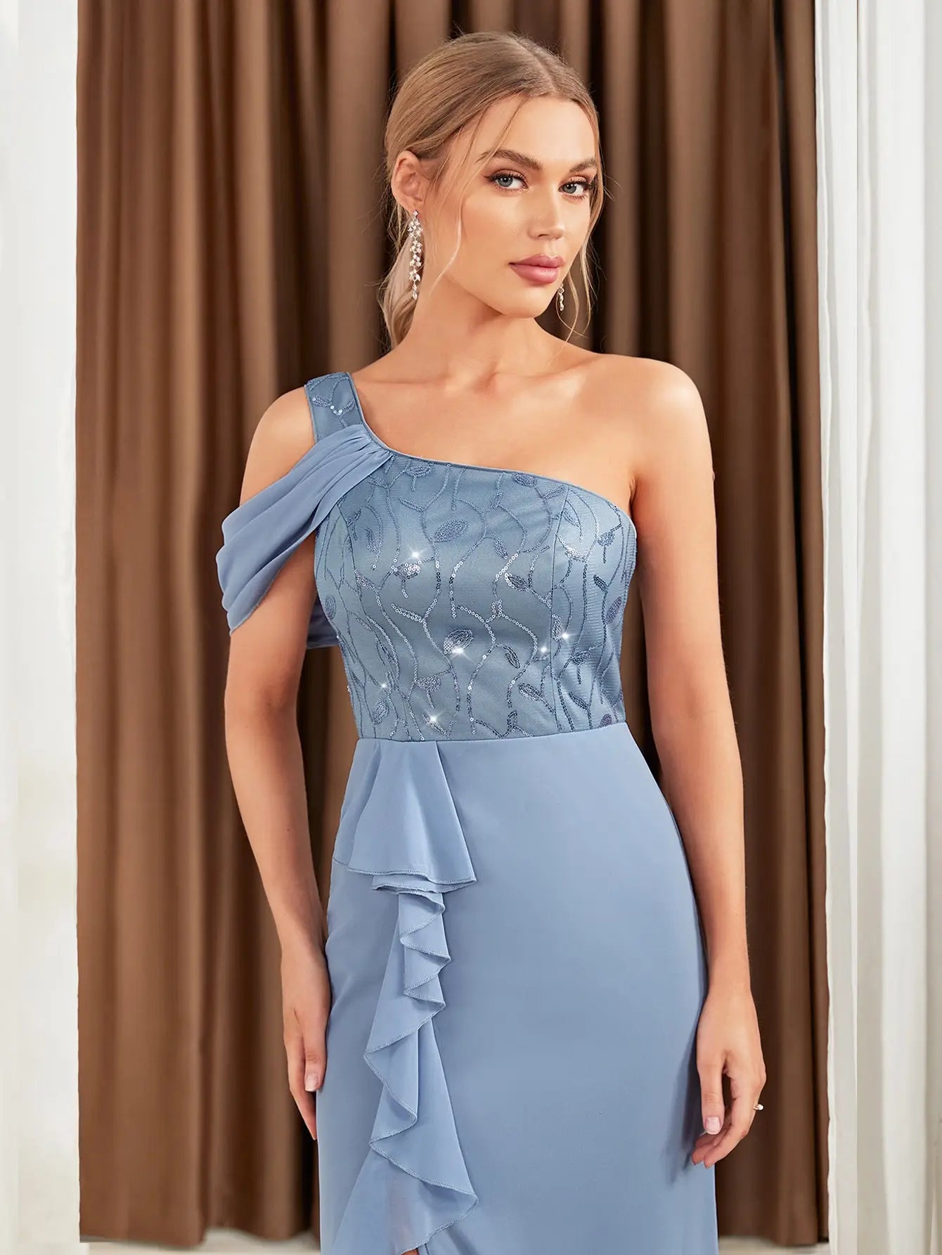 One Shoulder Lace Sequin Evening Dress For Party Bridesmaid