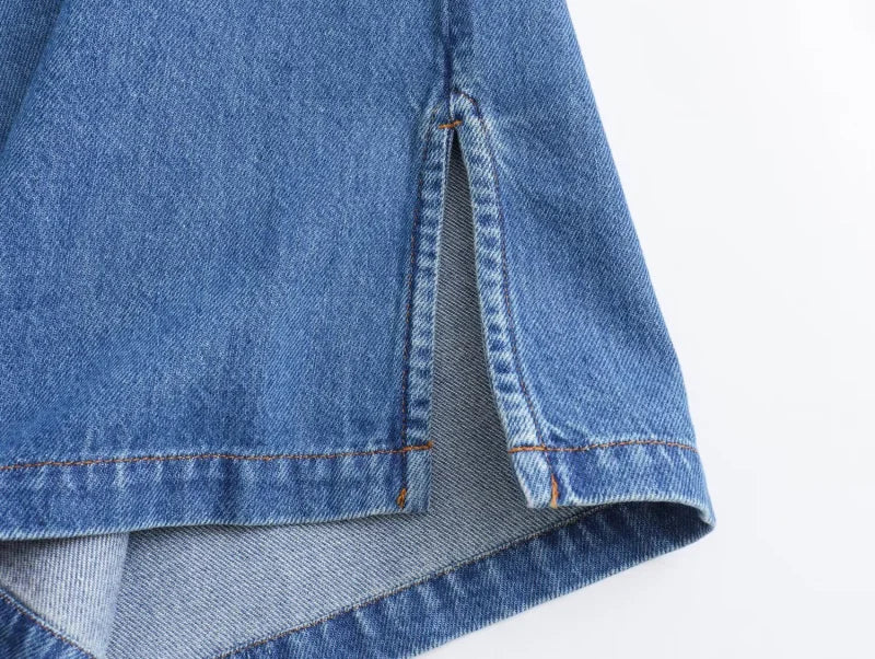 Casual Open Collar Denim Top with Pocket and Loose Wide Leg Drawstring Waist Denim Pants Two Piece Set for Women