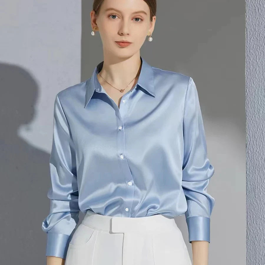 Satin Finish All-Match Blouse for Women Long Sleeve Casual Elegant Button Down Shirt Solid Color French Style Office Top