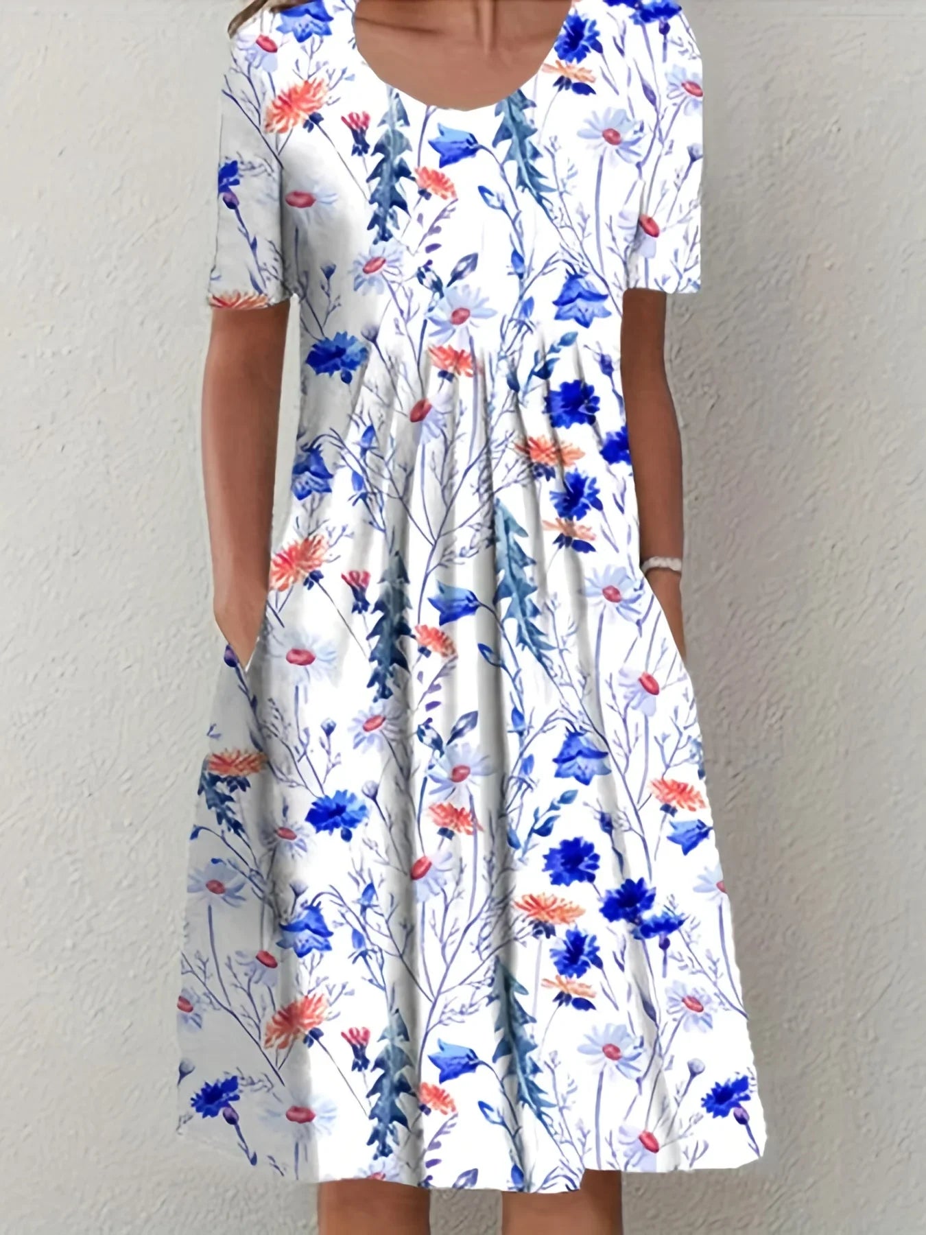 Printed Short Sleeve Dress With Round Neck For Women