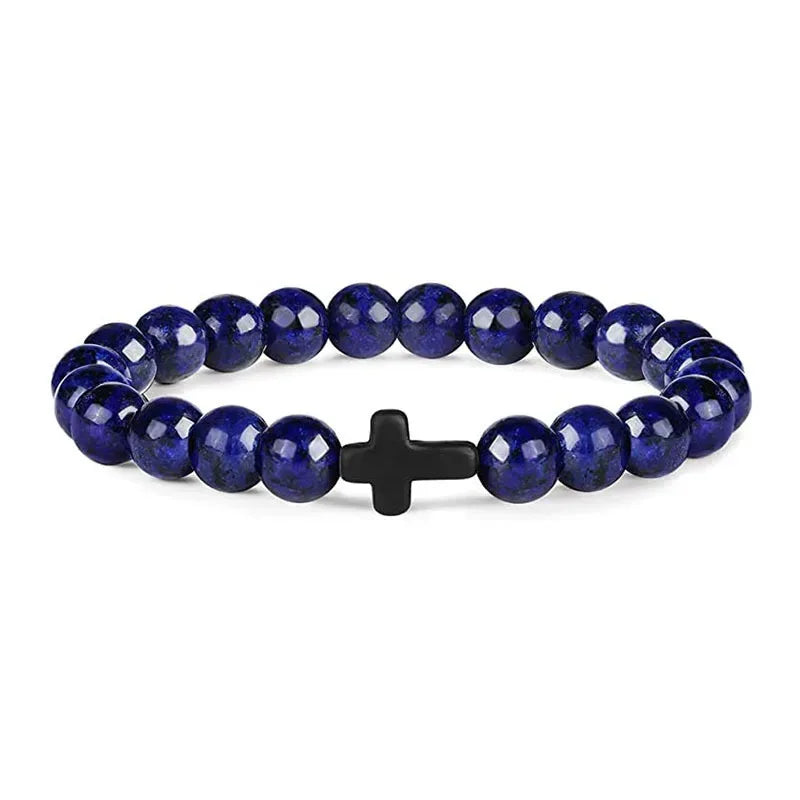 Natural Stone Hematite Cross Bracelet with Onyx and Wood Beads for Men and Women - Meditation and Yoga Jewelry
