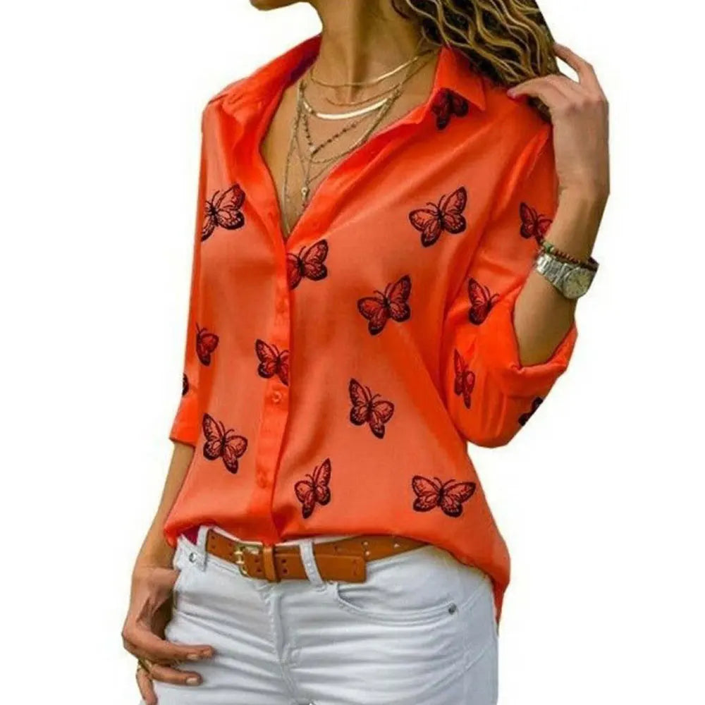 Elegant Women Butterfly Print Loose Fit Long Sleeve Blouse with Turn Down Collar Casual Oversized Office Shirt for Spring and Autumn