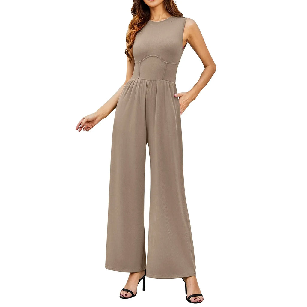 Women Sleeveless High Neck Ribbed Tank Top Jumpsuit Wide Leg Pants Romper with Tummy Control and High Waist Casual Summer Outfit