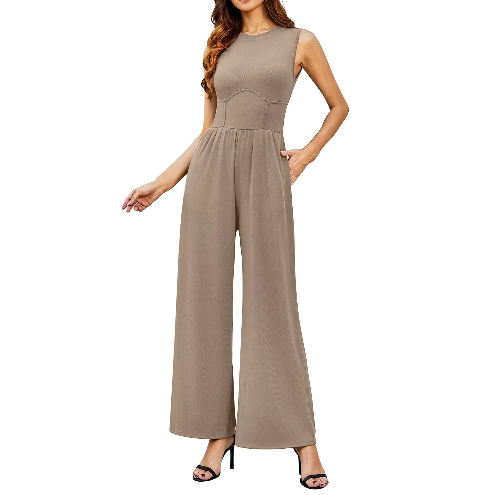 Women Sleeveless High Neck Ribbed Tank Top Jumpsuit Wide Leg Pants Romper with Tummy Control and High Waist Casual Summer Outfit