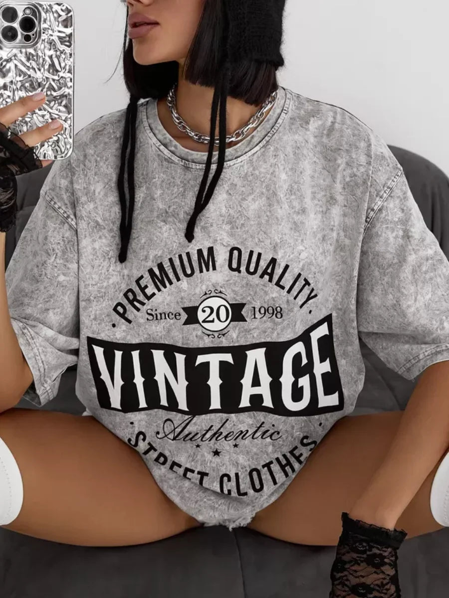Oversize Vintage Washed T Shirt for Women Loose Streetwear Distressed Half Sleeve Harajuku Style