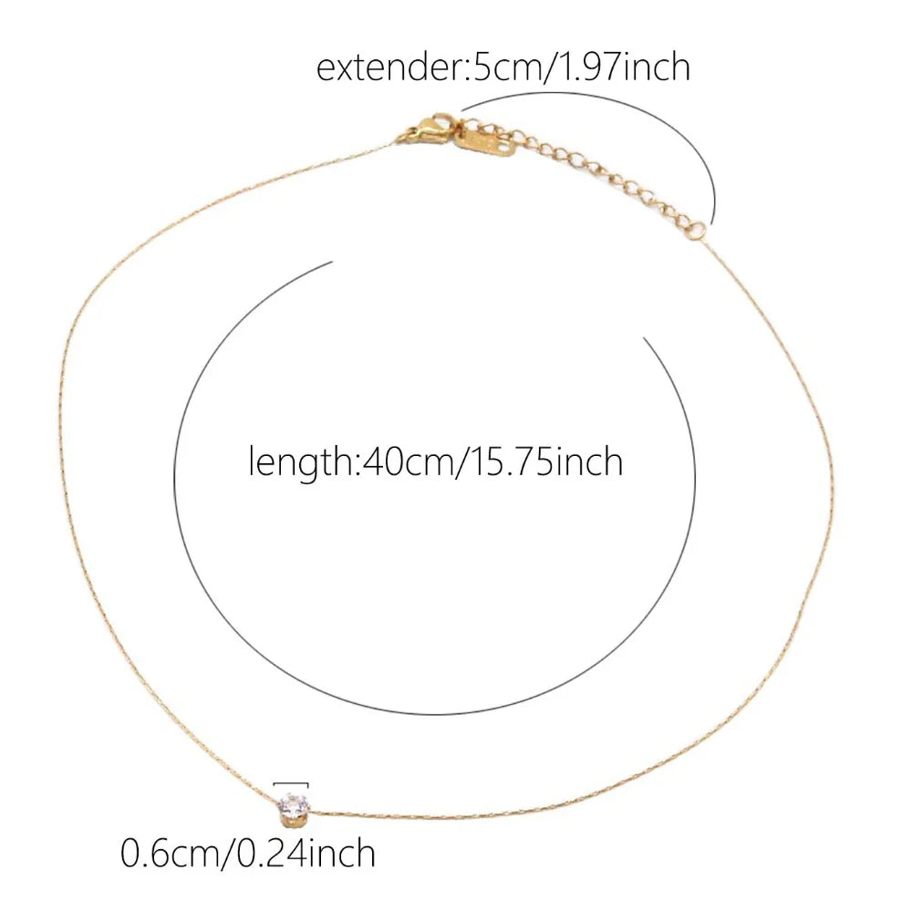 Stainless Steel Gold Plated Minimalist Zircon Charm Necklace with Clear CZ Stone for Women