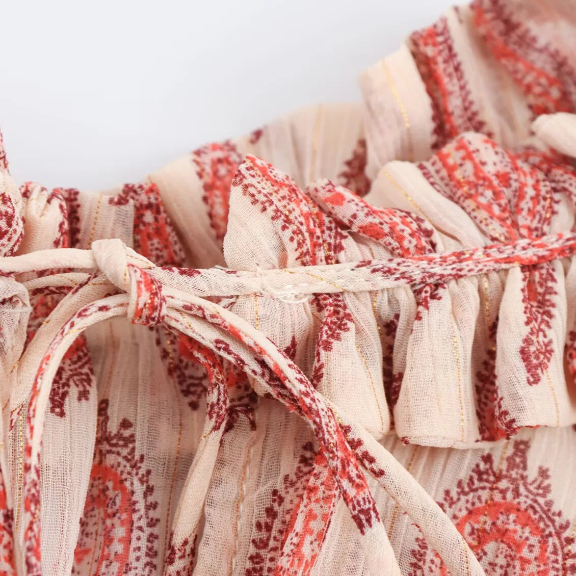 Womens Printed Shirt with Metallic Thread Ruffle Collar Drawstring Long Sleeve Single Breasted Chic Top