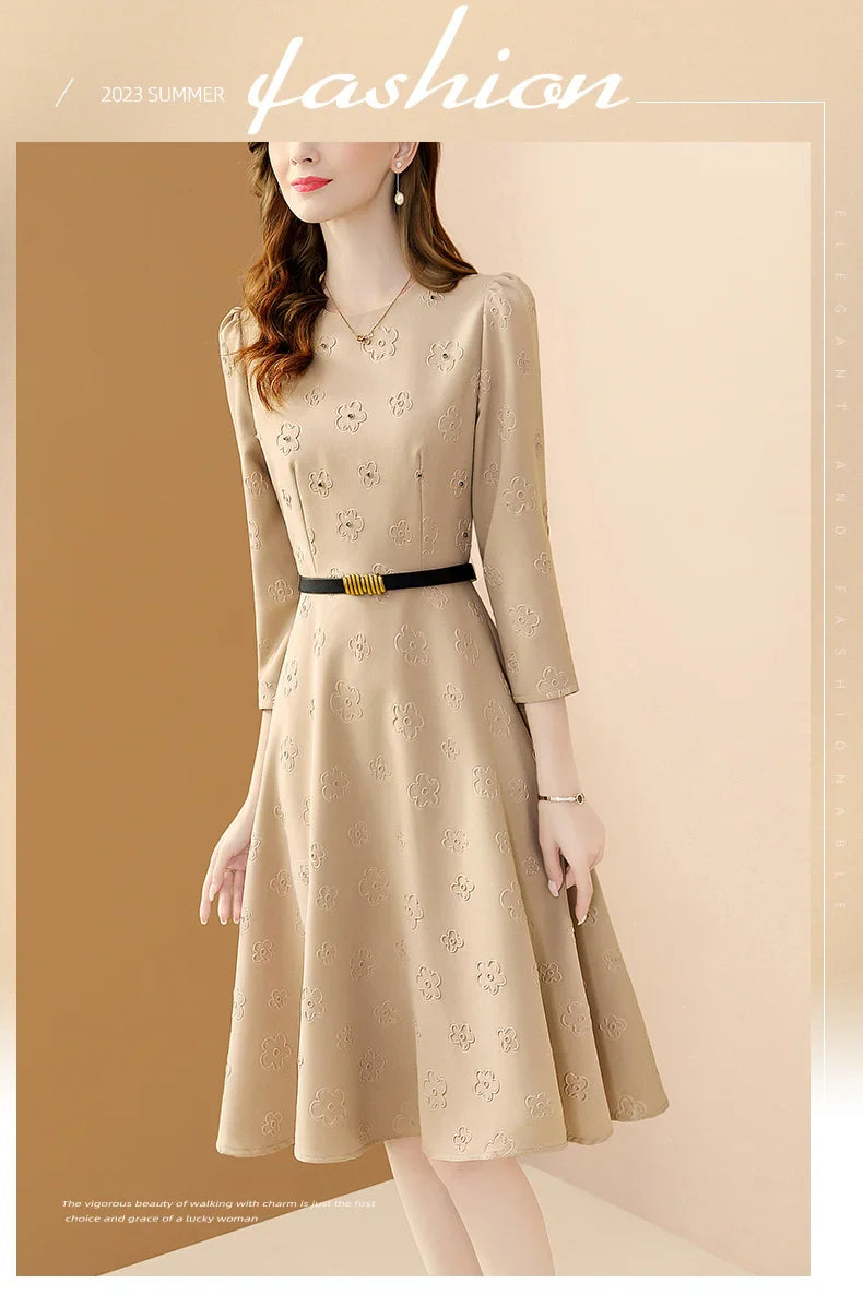 Floral Embroidered Belt Dress for Women O Neck A Line