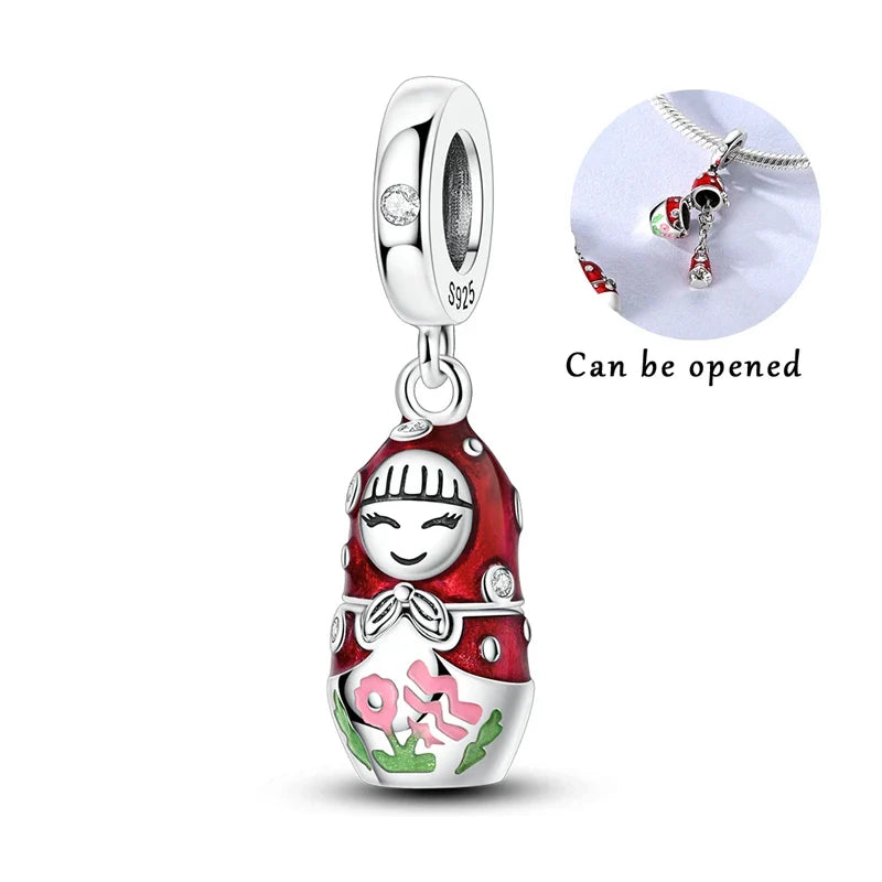 925 Sterling Silver Red Polka Dot Doll Pendant Charm for Bracelet and Necklace DIY Jewelry Gift for Women