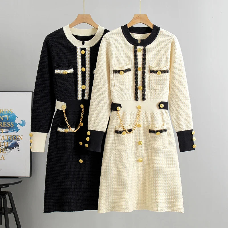 Elegant O Neck Knitted Dress for Women Autumn Slimming