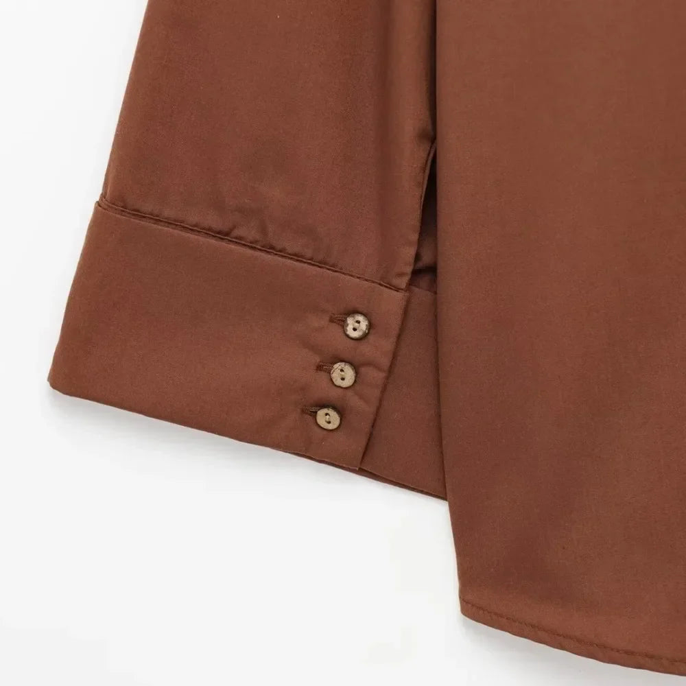 Women's Loose Batwing Satin Lapel Blouse Long Sleeve Single Breasted Solid Color Commuter Shirt Chic Lightweight Top for Spring and Summer