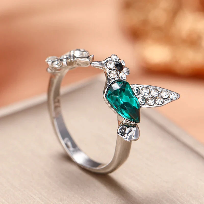Elegant Natural Blue Stone Hummingbird Adjustable Ring for Women - Unique Glass Filled Wedding and Engagement Jewelry