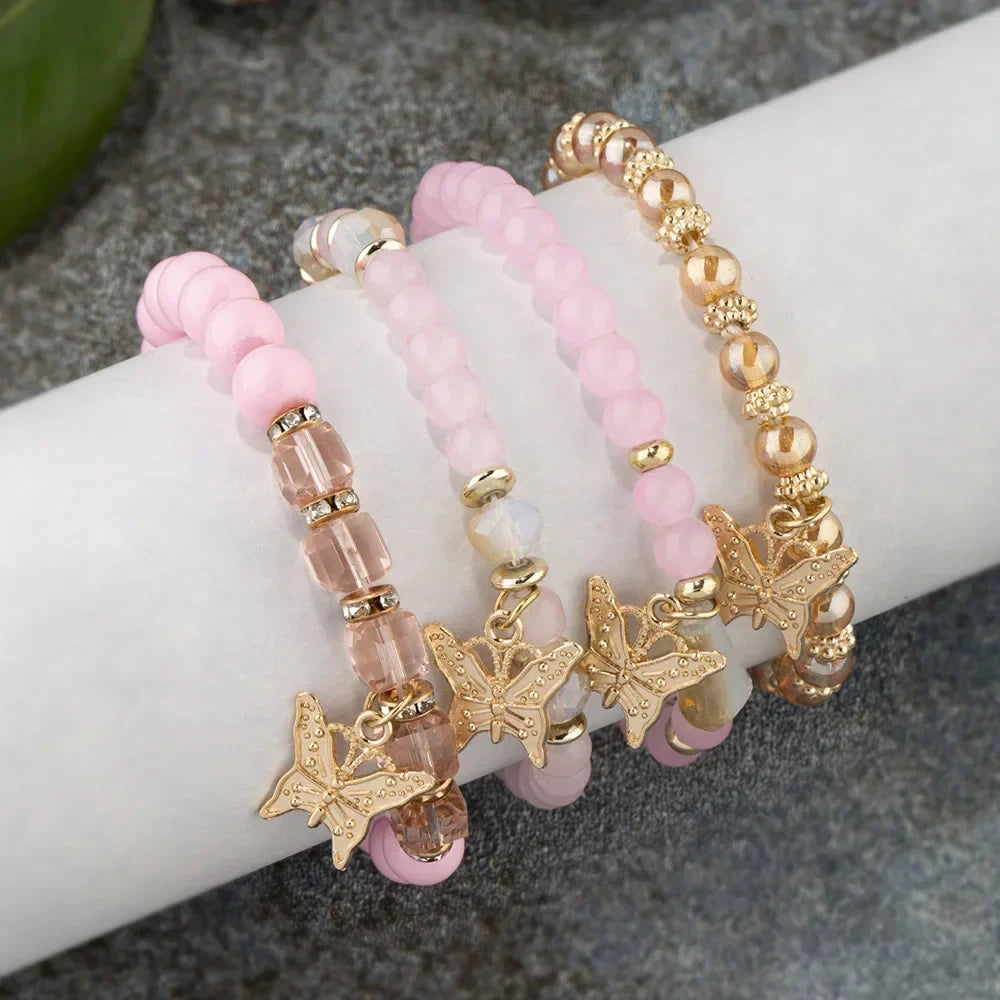 4Pcs Butterfly Beaded Bracelet Set for Women Pink Acrylic Beads Elastic Chain Bangle Bohemian Jewelry Gift