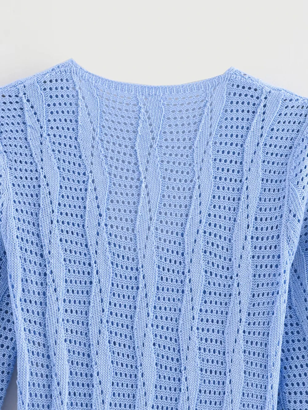 Blue Knit Beach Maxi Dress V Neck Long Sleeve Sheer