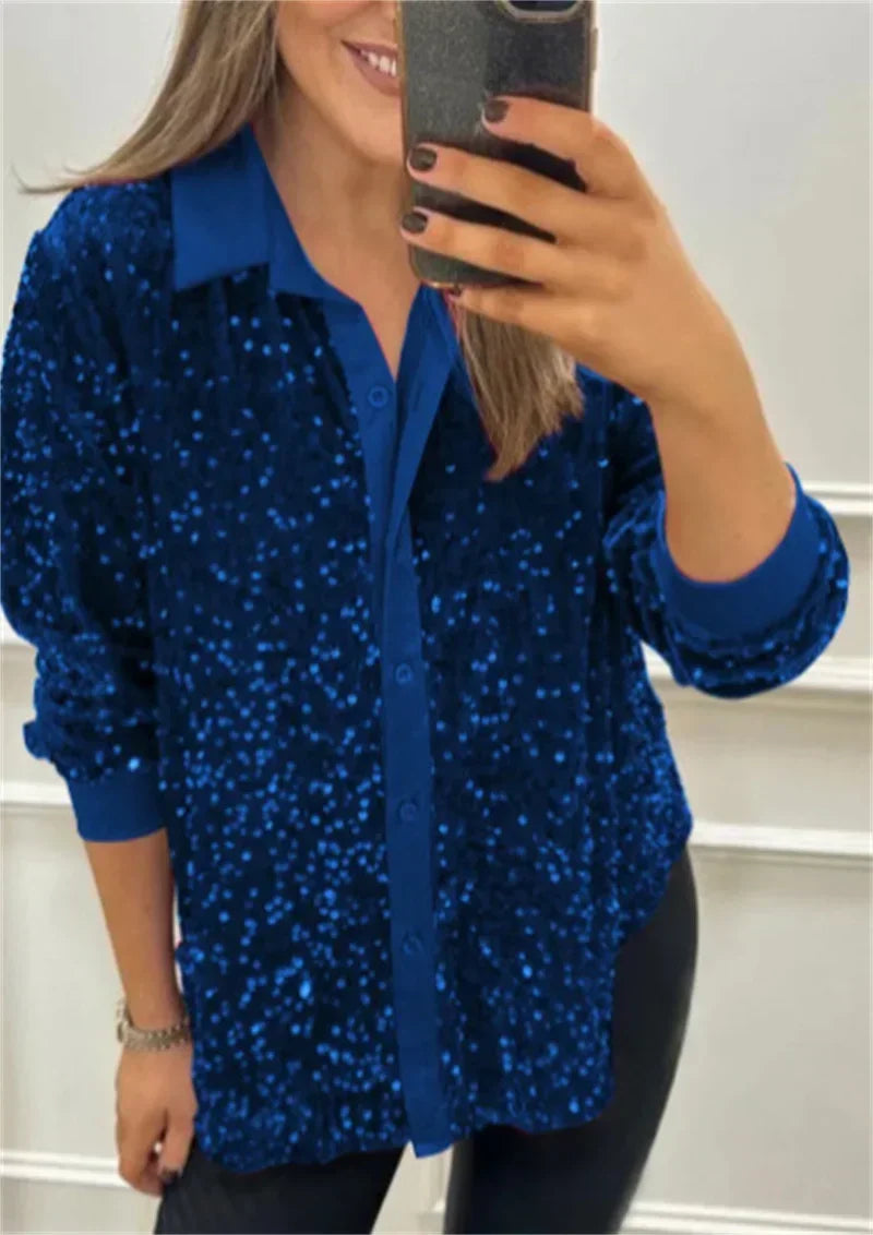 Sequin Lapel Women's Black Shirt Casual Glitter Loose Long Sleeve Single Breasted Retro Party Top Streetwear