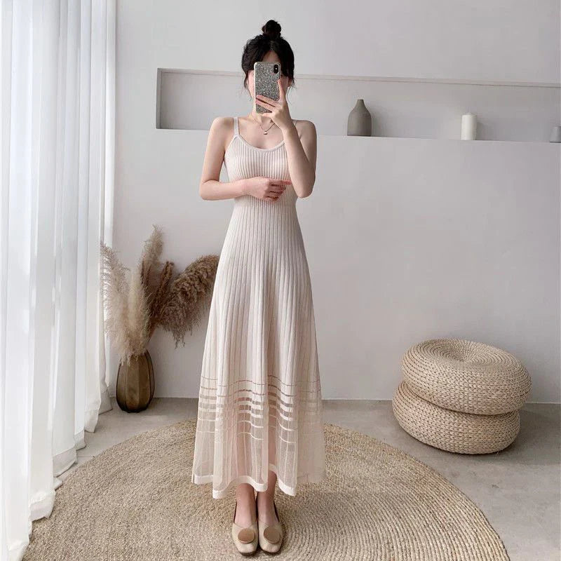 Striped Midi Dress Mesh Korean Patchwork Spaghetti Strap
