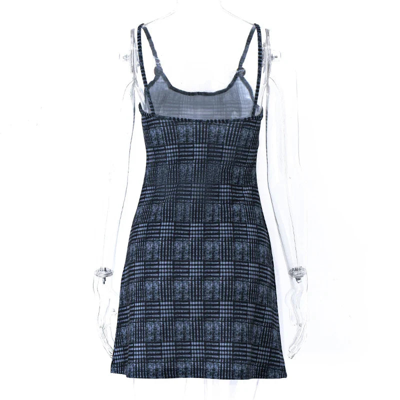Plaid Backless Bodycon Mini Dress with Suspender Straps