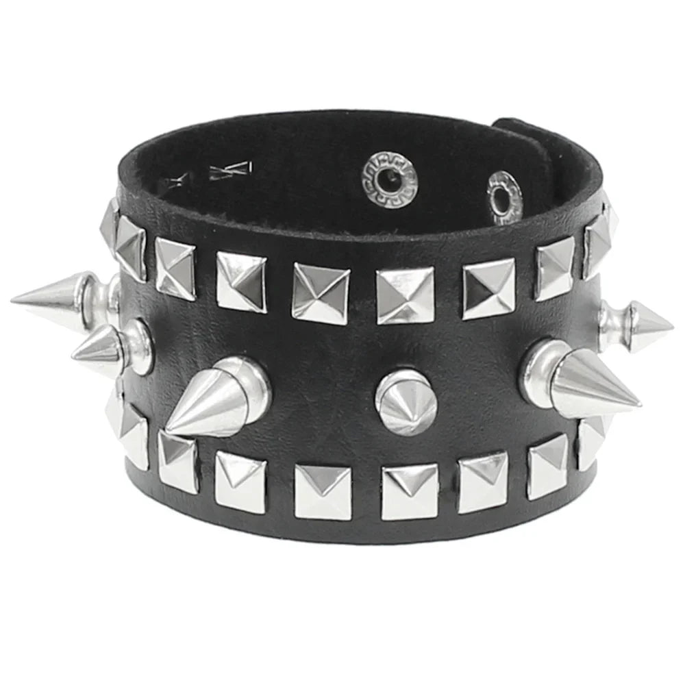 90s Fashion Punk Style Spiked PU Leather Bracelet with Square Studs and Multi-Row Design