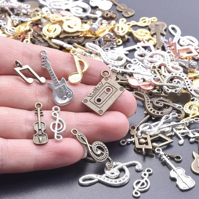50Pcs Vintage Music Note Charms for DIY Jewelry Including Violin Guitar Microphone Pendants