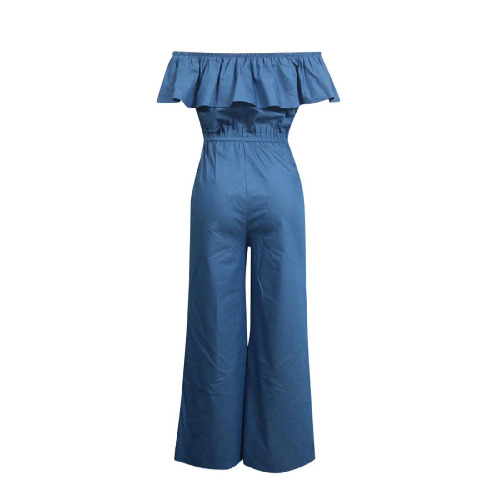 Plus Size 5XL Elegant Off Shoulder Denim Jumpsuit for Women Long Sleeve Ruffle Casual Romper Office Party Wear Solid Color Overalls