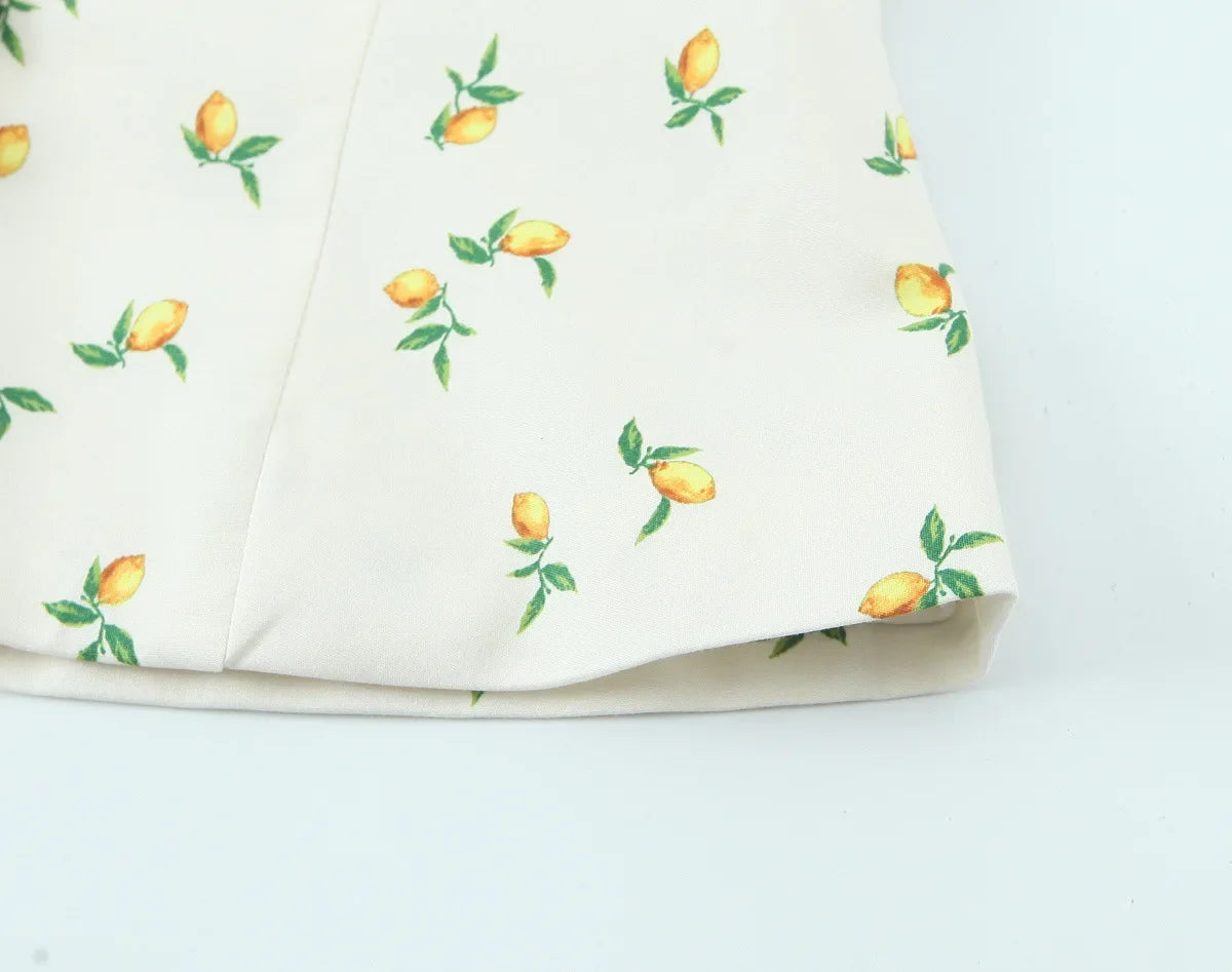 Casual Summer Two Piece Skirt Set for Women Lemon Print Backless Hanging Collar Tank Top with A-Line Mini Skirt Sleeveless Short Top