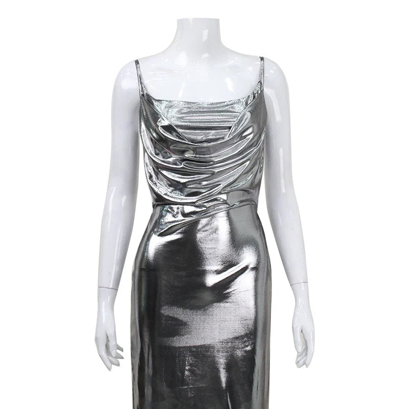 Silver Spaghetti Strap Backless Clubwear Dress High Split