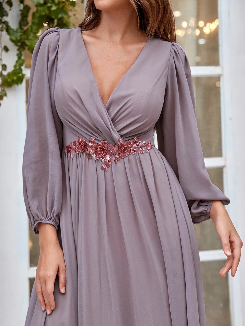 Beaded Print Chiffon V Neck Long Sleeve Evening Gown