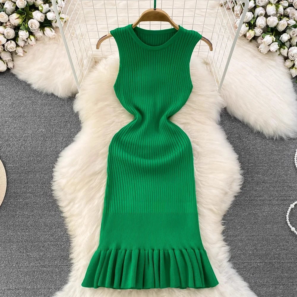Knitted Mini Dress Women Summer Bodycon Ruffled Elegant